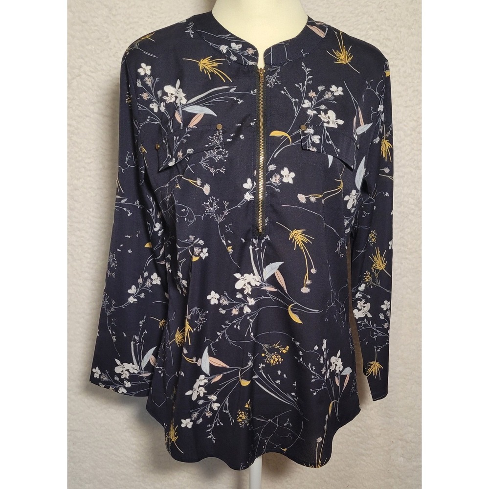 ANGVNS Medium Blouse Long Sleeve Floral Half‎ Zip Black Women's 3/4 Sleeve 0710